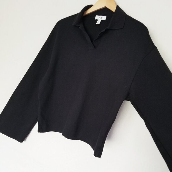 COS Jersey Rugby Shirt Top XS Black Collar V Neck Wide Long Sleeves Minimalist - Picture 9 of 16